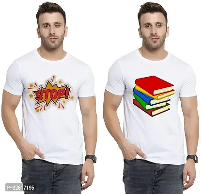 Stylish Polycotton White Printed Tees For Men Pack of 2-thumb0