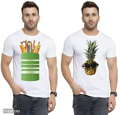 Stylish White Polycotton Printed T-Shirt For Men Pack Of 2