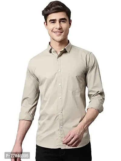 Elegant Beige Cotton Solid Long Sleeves Formal Shirts For Men