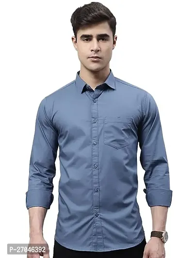 Elegant Blue Cotton Solid Long Sleeves Formal Shirts For Men-thumb0