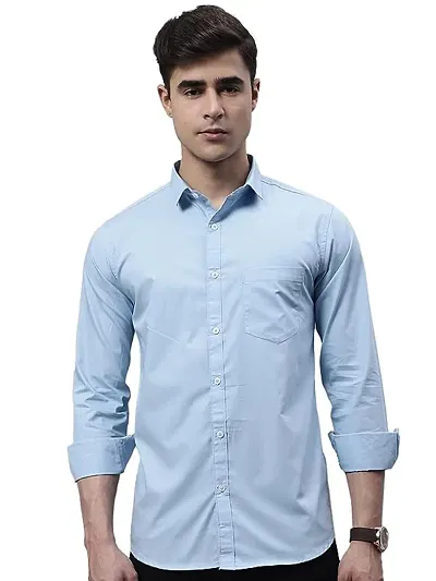Elegant Blue Cotton Solid Long Sleeves Formal Shirts For Men
