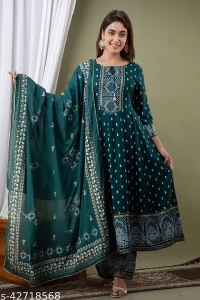 Womens Rayon Printed Kurta/Palazzo/Dupatta set