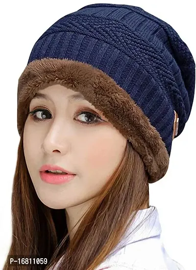 Women Ladies Girls Winter Woolen Warm Blue Beanie Cap (Pack of 1)-thumb0