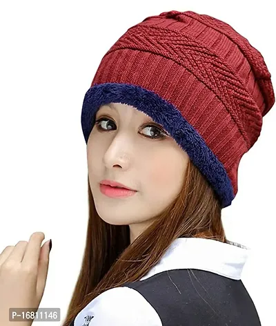 Women Ladies Girls Winter Woolen Warm Maroon Beanie Cap (Pack of 1)-thumb0