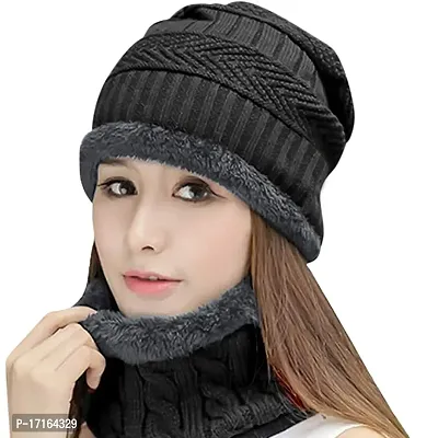 Women Girls Winter Woolen Warm Black Beanie Cap with Neck Warmer-thumb0
