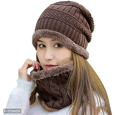 Women Girls Winter Woolen Warm Brown Beanie Cap with Neck Warmer-thumb0