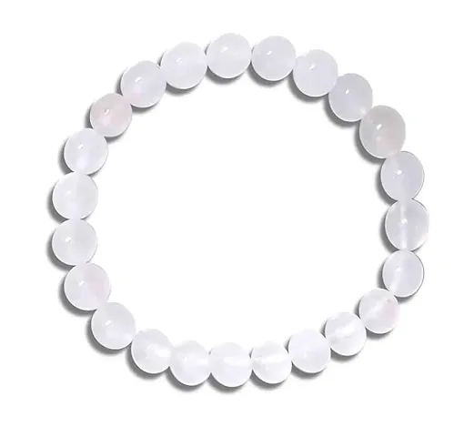 Uniqon (Adjustable Size) White Plain 8mm Moti Pearl Bead Natural Feng-Shui Healing Crystal Gem Stone Wrist Band Elastic Bracelet For Men's & Women's