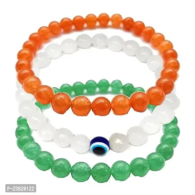 Uniqon (Stretchable) Green Orange White Colour 8mm Moti Pearl Bead Natural Bracelet Pack Of 3