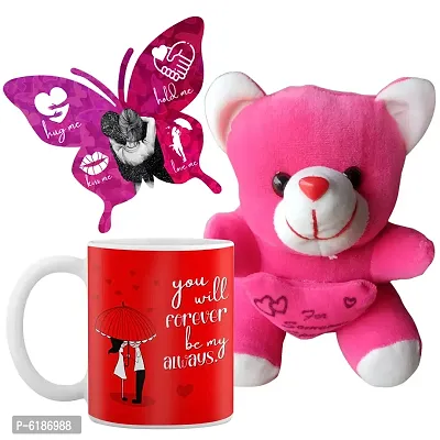 Valentine Gift Combo Ceramic Printed White Coffee Mug With Cute Little Teddy And Butterfly Shaped Greeting Card-thumb0