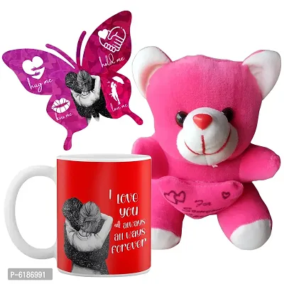 Valentine Gift Combo Ceramic Printed White Coffee Mug With Cute Little Teddy And Butterfly Shaped Greeting Card