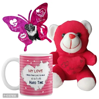 Valentine Gift Combo Ceramic Printed White Coffee Mug With Cute Little Teddy And Butterfly Shaped Greeting Card