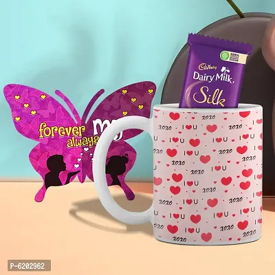 Valentine Gift Combo Printed White Coffee Mug With Butterfly Shaped Greeting Card And Chocolate
