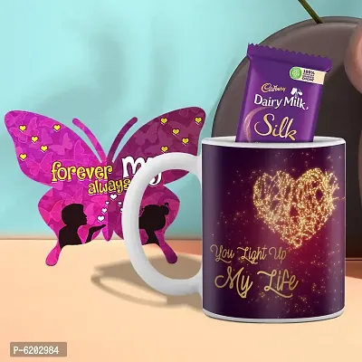 Valentine Gift Combo Printed White Coffee Mug With Butterfly Shaped Greeting Card And Chocolate