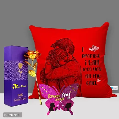 Valentine Gift Combo Printed Cushion Cover, Filler, Artificial Gold Rose With Butterfly Shaped Greeting Card-thumb0