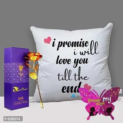 Valentine Gift Combo Printed Cushion Cover, Filler, Artificial Gold Rose With Butterfly Shaped Greeting Card