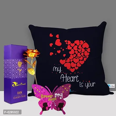 Valentine Gift Combo Printed Cushion Cover, Filler, Artificial Gold Rose With Butterfly Shaped Greeting Card