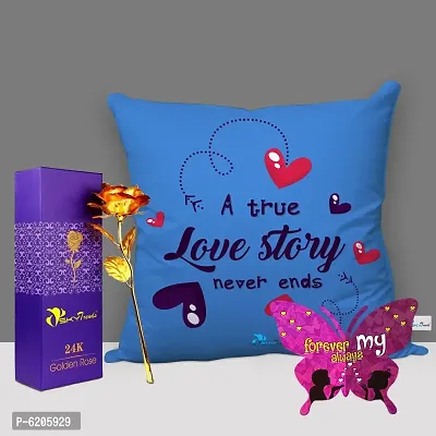 Valentine Gift Combo Printed Cushion Cover, Filler, Artificial Gold Rose With Butterfly Shaped Greeting Card