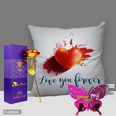 Valentine Gift Combo Printed Cushion Cover, Filler, Artificial Gold Rose With Butterfly Shaped Greeting Card