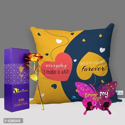 Valentine Gift Combo Printed Cushion Cover, Filler, Artificial Gold Rose With Butterfly Shaped Greeting Card