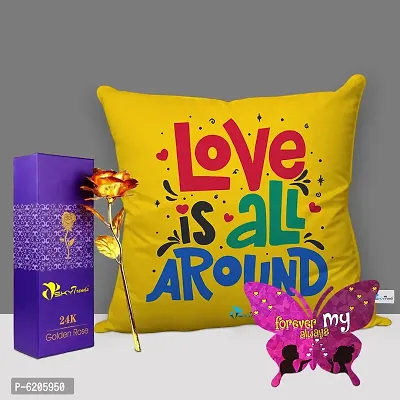 Valentine Gift Combo Printed Cushion Cover, Filler, Artificial Gold Rose With Butterfly Shaped Greeting Card