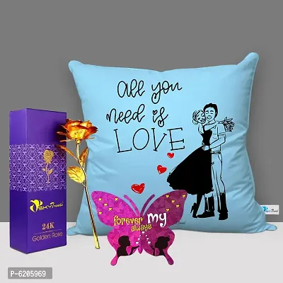 Valentine Gift Combo Printed Cushion Cover, Filler, Artificial Gold Rose With Butterfly Shaped Greeting Card