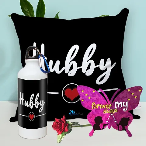 Valentine Gift Combo Printed Cushion Cover, Filler, Bottle With Butterfly Shaped Greeting Card And Rose