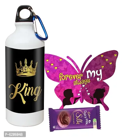 Valentine Gift Combo For Your Love Printed Shipper Bottle With Butterfly Shaped Greeting Card And Chocolate