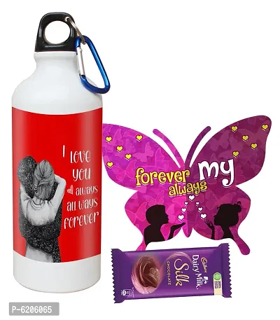 Valentine Gift Combo For Your Love Printed Shipper Bottle With Butterfly Shaped Greeting Card And Chocolate