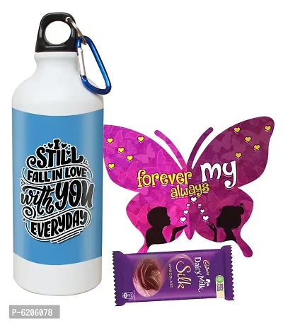 Valentine Gift Combo For Your Love Printed Shipper Bottle With Butterfly Shaped Greeting Card And Chocolate