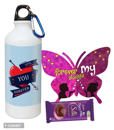 Valentine Gift Combo For Your Love Printed Shipper Bottle With Butterfly Shaped Greeting Card And Chocolate