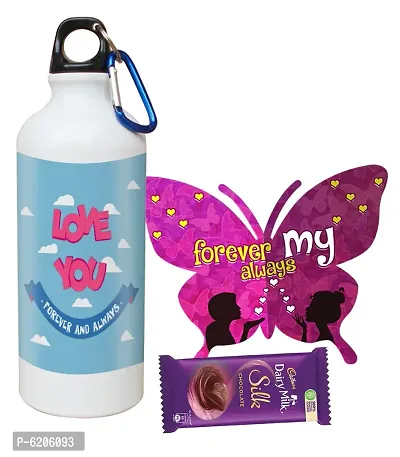 Valentine Gift Combo For Your Love Printed Shipper Bottle With Butterfly Shaped Greeting Card And Chocolate