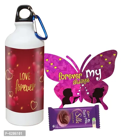 Valentine Gift Combo For Your Love Printed Shipper Bottle With Butterfly Shaped Greeting Card And Chocolate