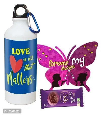 Valentine Gift Combo For Your Love Printed Shipper Bottle With Butterfly Shaped Greeting Card And Chocolate