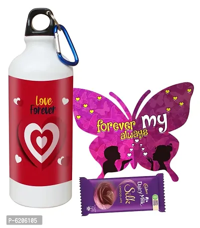 Valentine Gift Combo For Your Love Printed Shipper Bottle With Butterfly Shaped Greeting Card And Chocolate