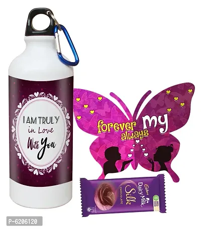 Valentine Gift Combo For Your Love Printed Shipper Bottle With Butterfly Shaped Greeting Card And Chocolate