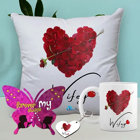 Valentine Gift Combo Printed Cushion Cover, Filler, Coffee Mug With Greeting Card And Keychain