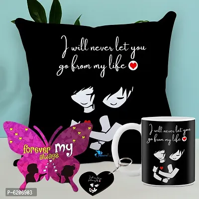 Valentine Gift Combo Printed Cushion Cover, Filler, Coffee Mug With Butterfly Shaped Greeting Card And Heart Shaped Wooden Keycahin