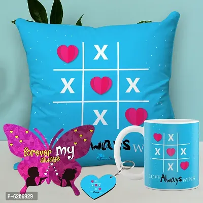 Valentine Gift Combo Printed Cushion Cover, Filler, Coffee Mug With Butterfly Shaped Greeting Card And Heart Shaped Wooden Keycahin