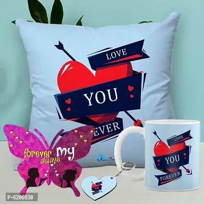 Valentine Gift Combo Printed Cushion Cover, Filler, Coffee Mug With Butterfly Shaped Greeting Card And Heart Shaped Wooden Keycahin-thumb0