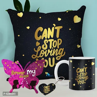 Valentine Gift Combo Printed Cushion Cover, Filler, Coffee Mug With Butterfly Shaped Greeting Card And Heart Shaped Wooden Keycahin