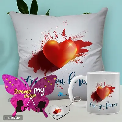 Valentine Gift Combo Printed Cushion Cover, Filler, Coffee Mug With Butterfly Shaped Greeting Card And Heart Shaped Wooden Keycahin