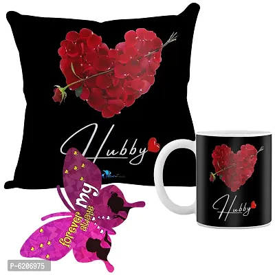 Valentine Gift Combo Printed Cushion Cover, Filler, Coffee Mug With Butterfly Shaped Greeting Card