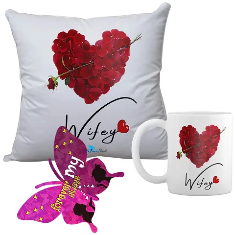 Valentine Gift Combo- Printed Cushion, Mug and Greeting Card