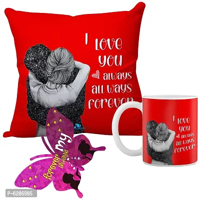 Valentine Gift Combo Printed Cushion Cover, Filler, Coffee Mug With Butterfly Shaped Greeting Card