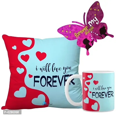Valentine Gift Combo Printed Cushion Cover, Filler, Coffee Mug With Butterfly Shaped Greeting Card-thumb0