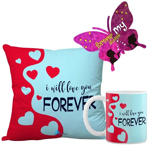 Valentine Gift Combo- Printed Cushion, Mug and Greeting Card