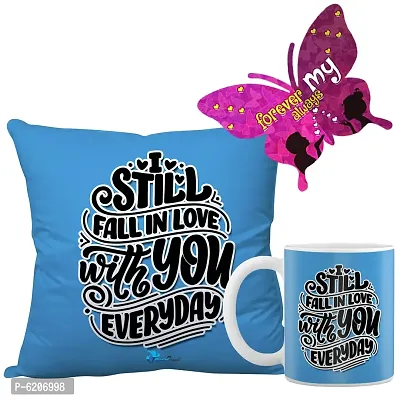 Valentine Gift Combo Printed Cushion Cover, Filler, Coffee Mug With Butterfly Shaped Greeting Card