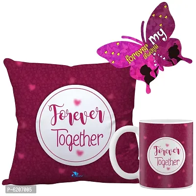 Valentine Gift Combo Printed Cushion Cover, Filler, Coffee Mug With Butterfly Shaped Greeting Card