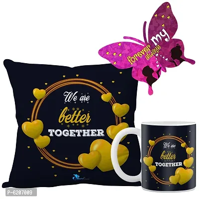 Valentine Gift Combo Printed Cushion Cover, Filler, Coffee Mug With Butterfly Shaped Greeting Card