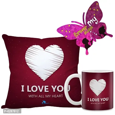 Valentine Gift Combo Printed Cushion Cover, Filler, Coffee Mug With Butterfly Shaped Greeting Card